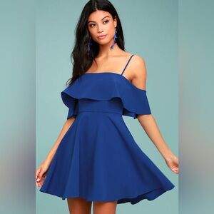 Lulu's Royal Blue One-Shoulder Ruffle skater Fit & Flare Dress NWT
